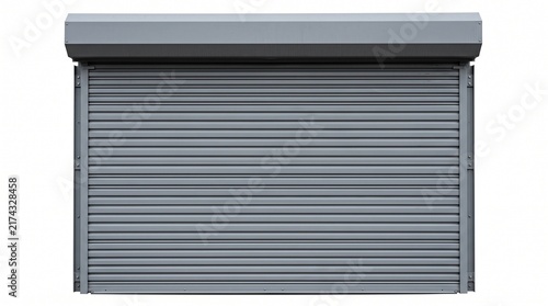Modern closed gray metal rolling shutter door on a building facade, industrial style