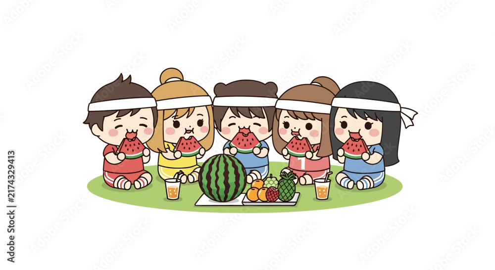 Fototapeta premium Children enjoying slices of watermelon fruit together