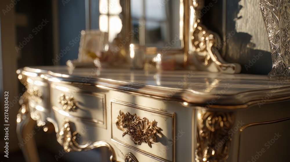 Obraz premium Vintage ornate vanity table with gold accents. Elegant white dressing table in baroque style. Classic luxury furniture for bedroom interior.