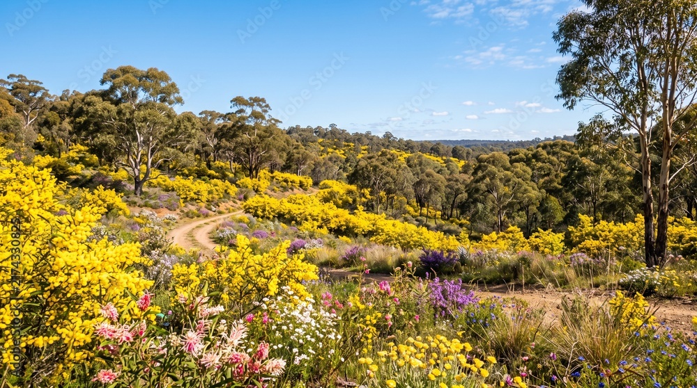 Fototapeta premium Vibrant Australian wildflowers bloom across a rolling landscape