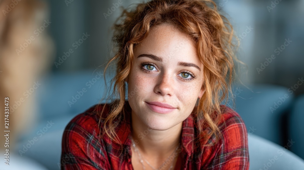 Obraz premium A bright and cheerful young woman with curly hair smiles warmly at the camera, embodying positivity, confidence, and the beauty of self-acceptance in everyday moments.