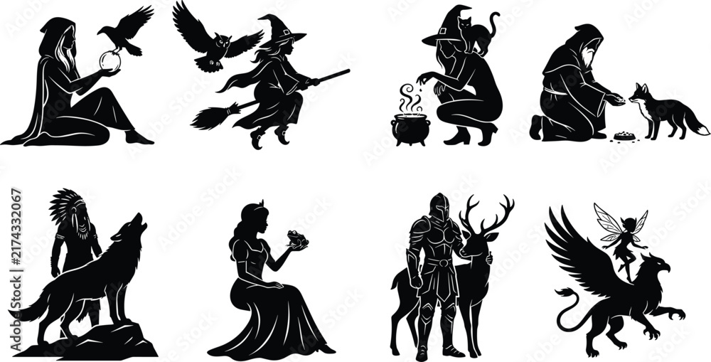 Fototapeta premium Fantasy witch and mythical creature silhouette collection featuring ravens, wolves, griffins, deer, magic, and enchanted characters