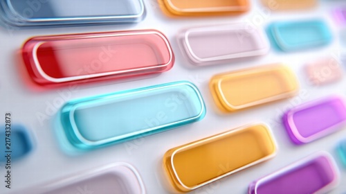 Abstract colorful glass rectangles in a repeating pattern on a white surface.