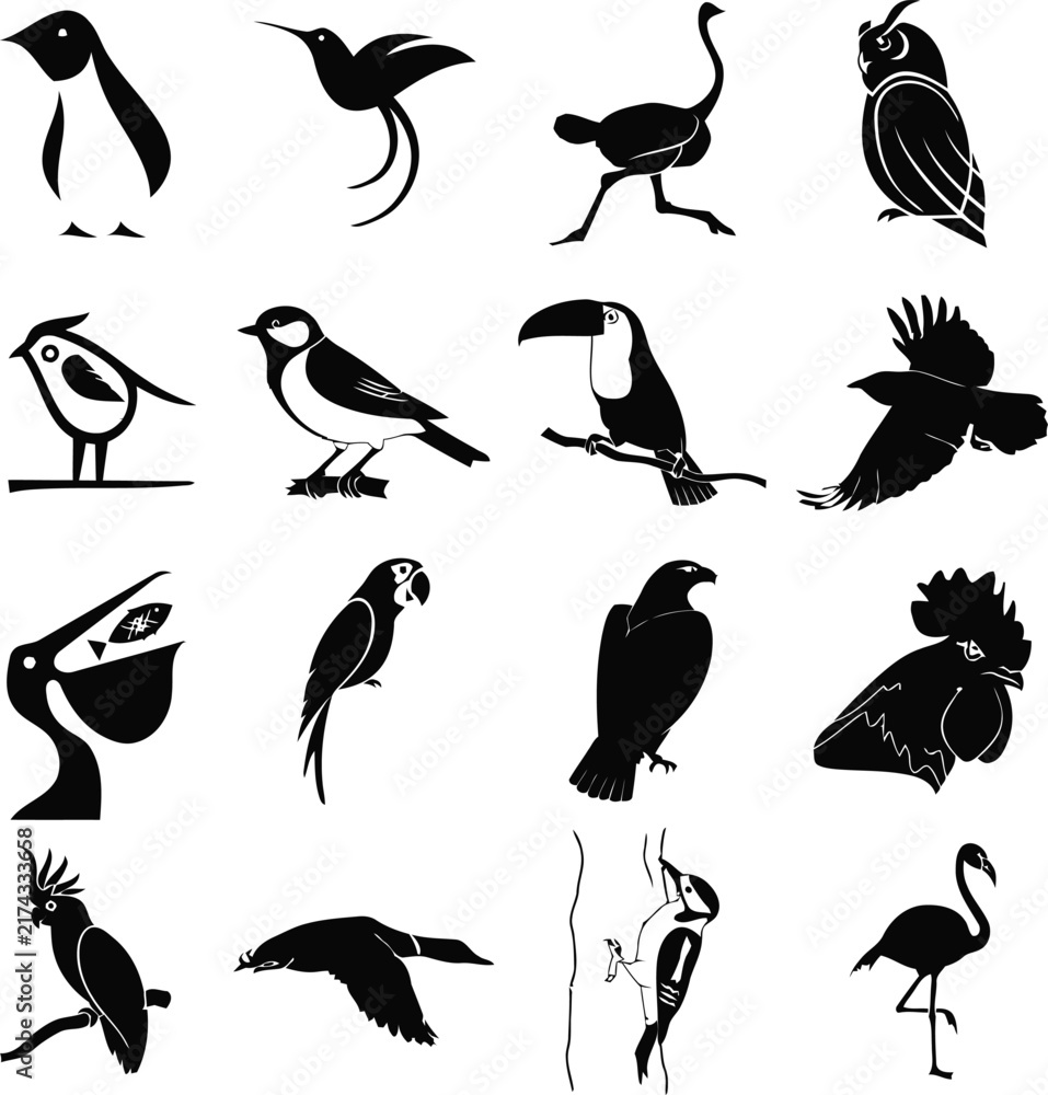 Fototapeta premium Minimalist bird silhouettes collection, 16 black avian icons set. Stylized wildlife vector graphics, modern animal logo elements.