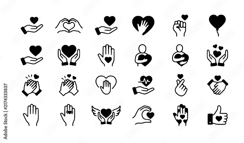Obraz premium hand, heart, icon, set, vector, illustration, silhouette, charity, love, care, community, support, donation, family, kindness, friendship, help, together, balloon, wing, thumb, up, black, glyph, solid