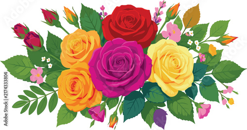 Beautiful romantic vector nature flowers, roses and leaves in vibrant colors isolated