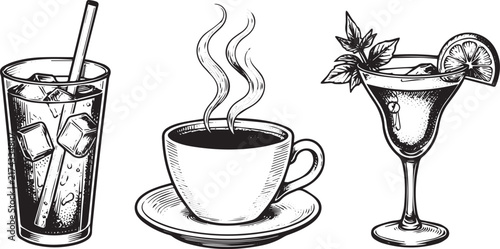Black and white illustration of various beverages including a cold drink with ice and straw, a steaming hot coffee cup, and a cocktail on white Background