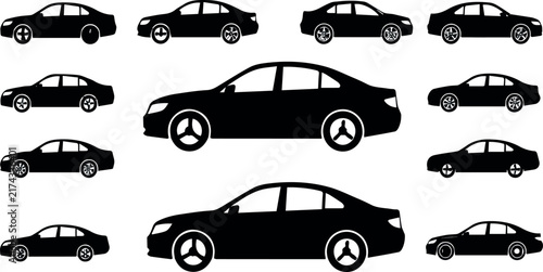 Car icon set. Simple and detailed auto symbol in different styles. Automobile vector illustration. Vehicle sign. Sedan silhouette. Black car graphic design concept Isolated on White Background