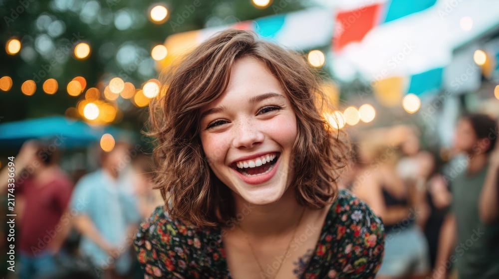 Obraz premium A cheerful young woman is captured laughing and enjoying herself at a vibrant outdoor party, showcasing the joy and connection of friends and festivities together.