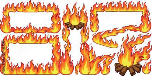 Cartoon fire borders. Flame frame, blazing dividers, hot flaming banners. Wildfire campfire and ignite elements, fire trail and flammable border isolated vector set on white Background