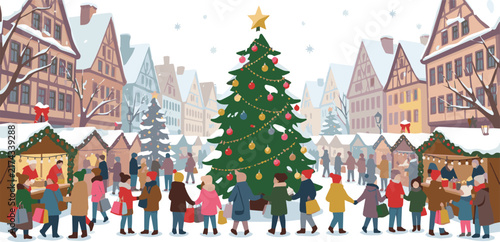 Christmas fair with people. X-mas market on city square. Winter outdoor celebration on street with Christmas tree. Town festive scene with families. Festival shopping. Vector concept on white backgrou