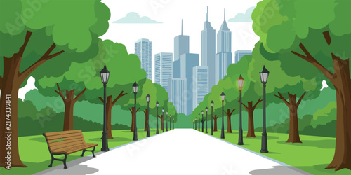 City park. Public alley walkway with green trees, wooden bench and parks lanterns. Panoramic landscape with urban background vector illustration. City skyscrapers near nature outside scene on white ba