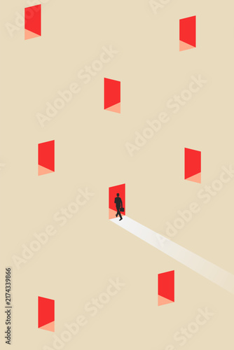 Business opportunity or career success vector concept with man choose the red door. Symbol of courage, ambition, having a goal, inspiration