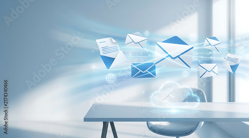 Floating email message icons and data stream flowing above modern office desk with email messages