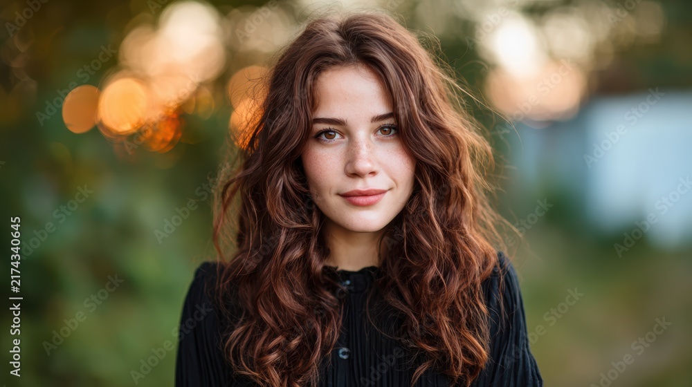 Fototapeta premium This image features a young woman with beautiful curly hair, standing outdoors in a natural setting, exuding confidence and warmth against a softly blurred background.