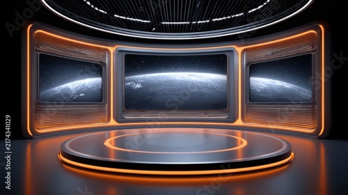 Modern futuristic studio display with earth view