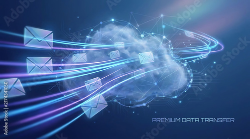 Digital cloud computing network with data transfer lines and email symbols