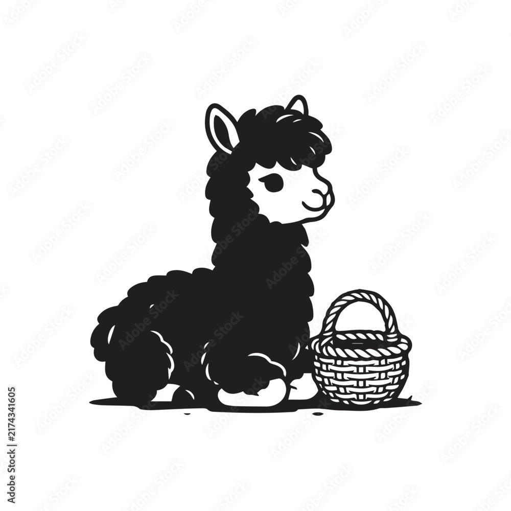 Naklejka premium Cute black llama sitting down next to a woven basket graphic with a charming gra