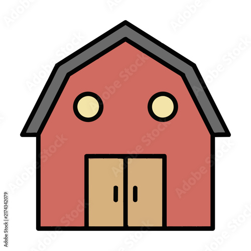Minimalist monoline icon of a farm barn with a pitched roof and sliding door, simple agriculture symbol