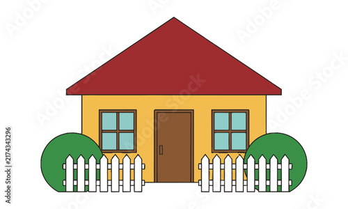 Quaint single story cottage bungalow with picket fence and rounded shrubs in a clean minimalist design style residential architecture concept