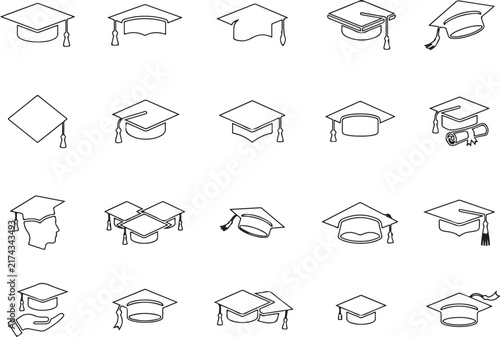 Set of student mortarboard and graduation symbols in thin outline style