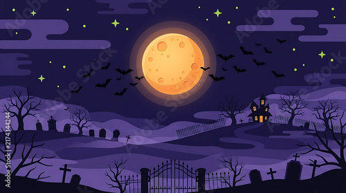 Halloween night with full moon over haunted graveyard and spooky trees, perfect for holiday invitations and decorations