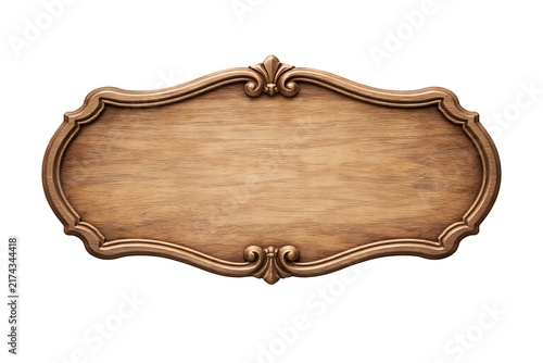 Ornate vintage wood plaque banner isolated on transparent background