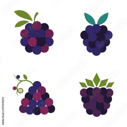 Collection of four minimalist blackberry silhouettes with organic leaf arrangements and simple shapes on a pure white background food and nature concept