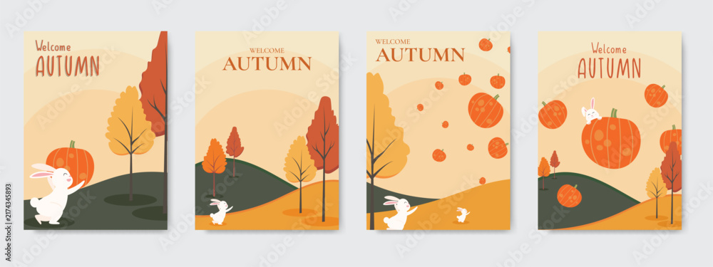 Fototapeta premium Autumn Landscape Poster Set Cute Bunny Pumpkin Cover Template