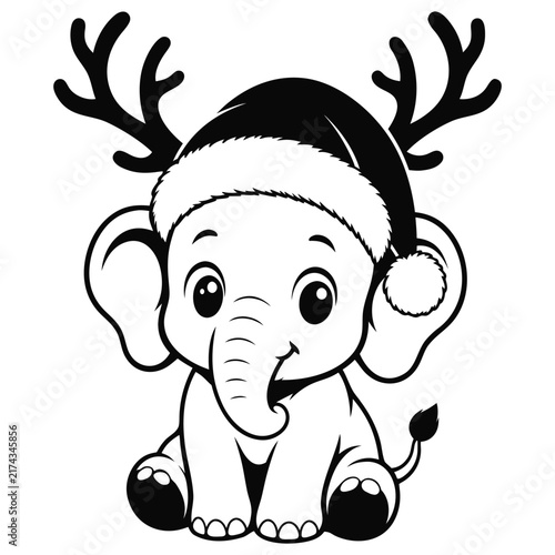 Cute Christmas Elephant Wearing Santa Hat and Reindeer Antlers Vector Illustration