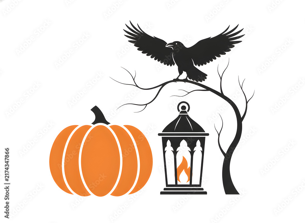 Naklejka premium Premium Halloween Collector’s Display of Pumpkin, Lantern, Raven and Gothic Branch