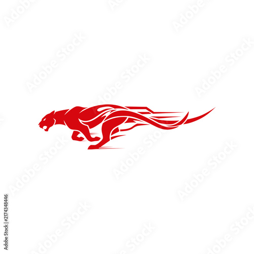 Abstract Red Running Cheetah Speed Logo with Dynamic Racing Lines Isolated on White Background