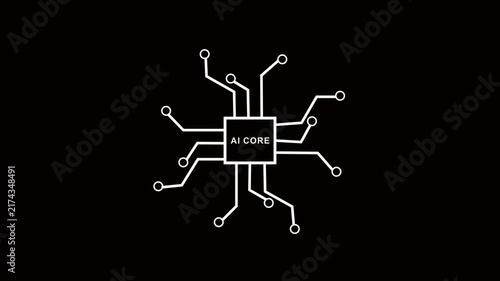 White Neon Microchip Circuit Animation on Black Background