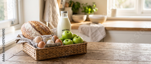 Rustic basket with bread egg apple and milk reflects economic inflation