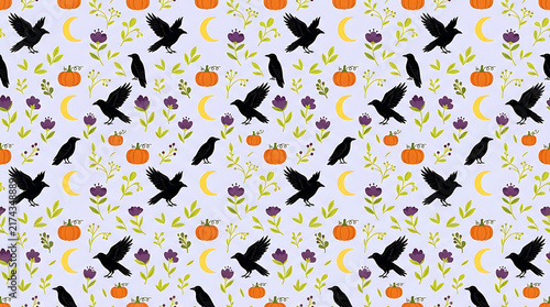 Halloween pattern featuring crows, pumpkins, moons, and flowers on lavender background for spooky seasonal designs