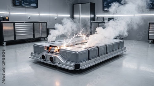 Electric vehicle battery pack experiencing thermal runaway with fire and smoke in a testing laboratory