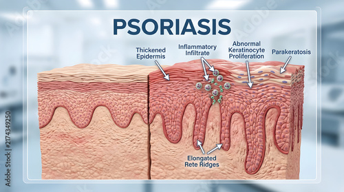 Cross section anatomy diagram of human skin affected by psoriasis condition with psoriasis