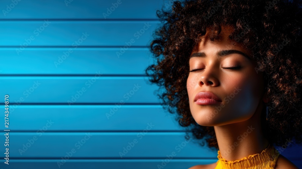 Obraz premium A calm and serene young woman poses against a minimalistic blue background, evoking feelings of tranquility and introspection, showcasing beauty within simplicity and style.