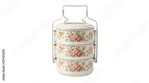 Vintage style floral metal tiffin lunch box carrier isolated on transparent background