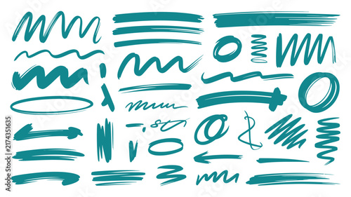 Set of handdrawn teal highlighter strokes and scribble marks for design elements