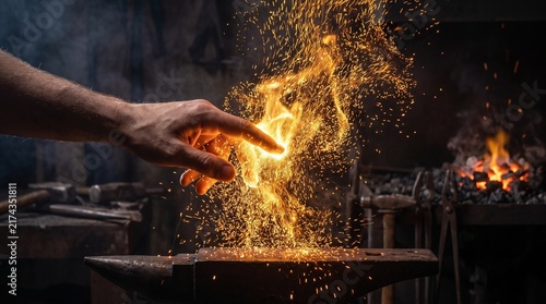 Blacksmith hand touching glowing fire and sparks over anvil in dark forge workshop