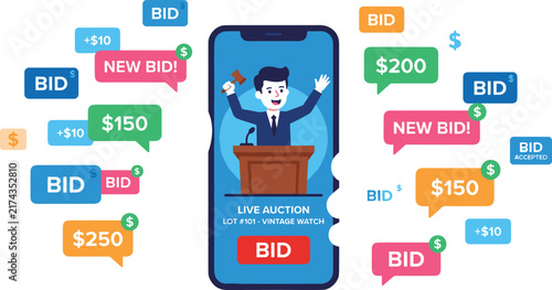 Obraz na plátne online live auction mobile app with auctioneer and bidding speech bubbles vector