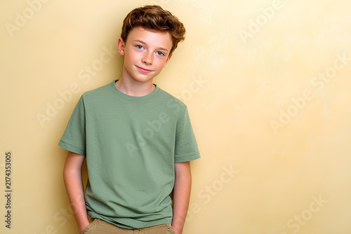 Cheerful young boy with curly hair wearing a green t-shirt stands against a soft yellow background, showcasing a friendly and approachable demeanor with copy space