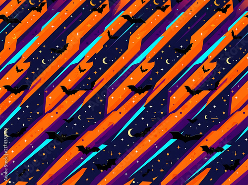 Halloween pattern with flying bats, moons, and stars on a vibrant background.
