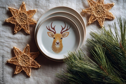 Colorful reindeer face plates decorated with fresh pine branches bring holiday cheer to any table.