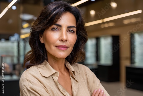 Hispanic woman, confidently posing in a modern interior space, showcasing elegance and professionalism in a contemporary environment