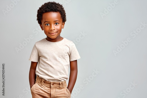 Joyful African child standing proudly in a light shirt, smiling warmly against a simple neutral backdrop, symbolizing innocence, confidence, and optimism. Copy space.