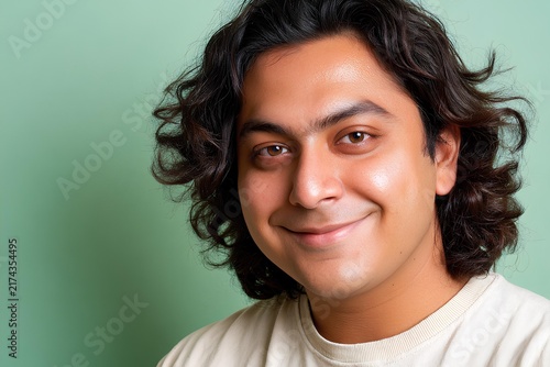 Smiling Hispanic man with short curly hair against soft green background, radiating confidence, happiness, and positive self-expression with copy space.