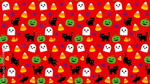 Halloween pattern with pumpkin, ghost, cat, and candy corn on red background.