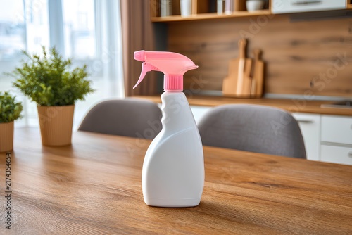 Cleaning product container with pink trigger sprayer on wooden surface in modern bright kitchen interior.